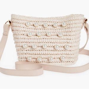 NWT btb Los Angeles Opal Pearl Pale Pink Straw Natural Crossbody Bag
